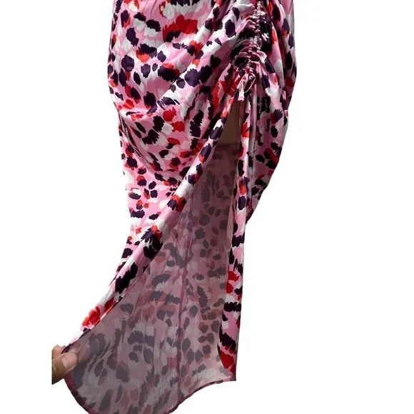 Asos Design Midi Dress Size 4 Satin Cami Pink Purple Leopard‎ Ruched Side Party - Picture 8 of 16